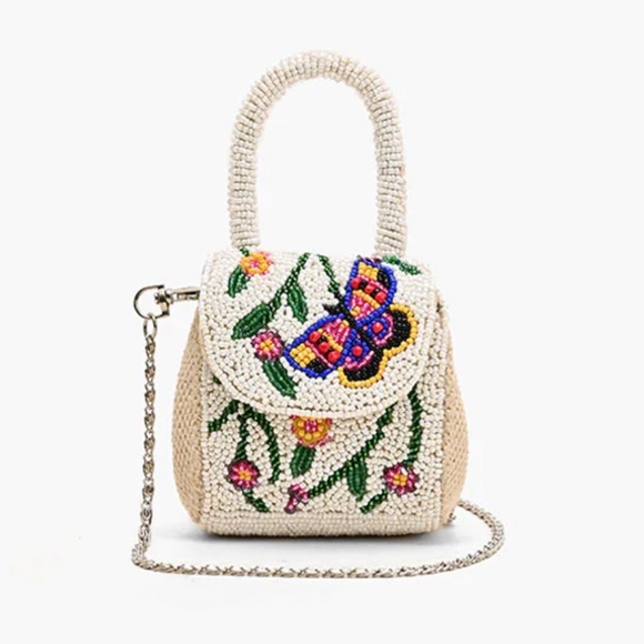 America & Beyond Handbags - America & Beyond Beaded Floral Microbag - White and Multicolor RARE